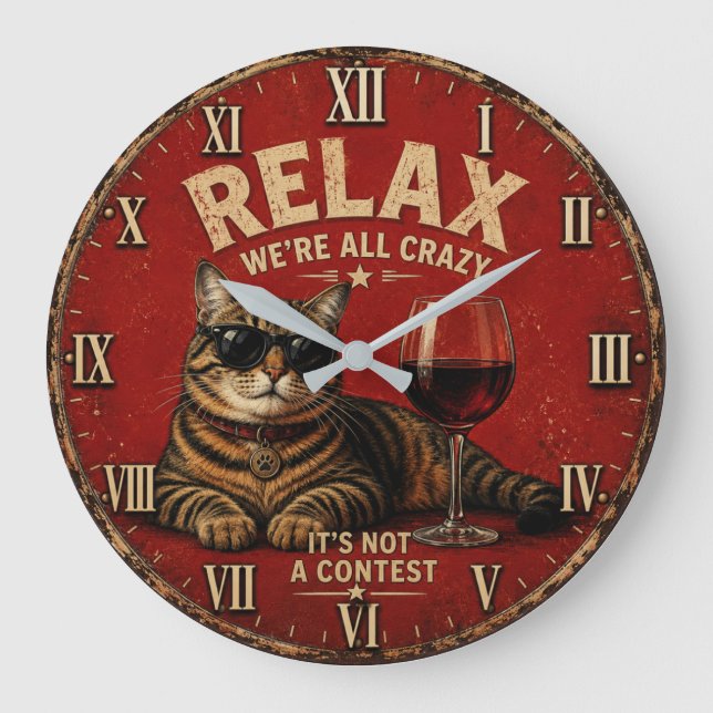 Relax We're All Crazy Funny Cat and Wine Large Clock (Front)