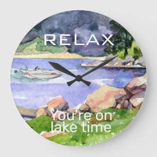 Relax You're on Lake Time Watercolor Boating Large Clock