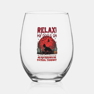 Relax Zombie Patrol Tonight Dog Halloween Red Moon Stemless Wine Glass