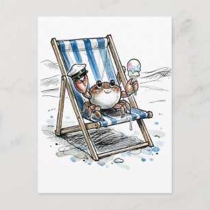 Relaxed Beach Crab Enjoying Ice Cream Ink Illustra Postcard