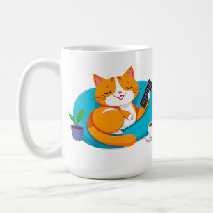 Relaxed Cartoon Cat With Remote Coffee Mug