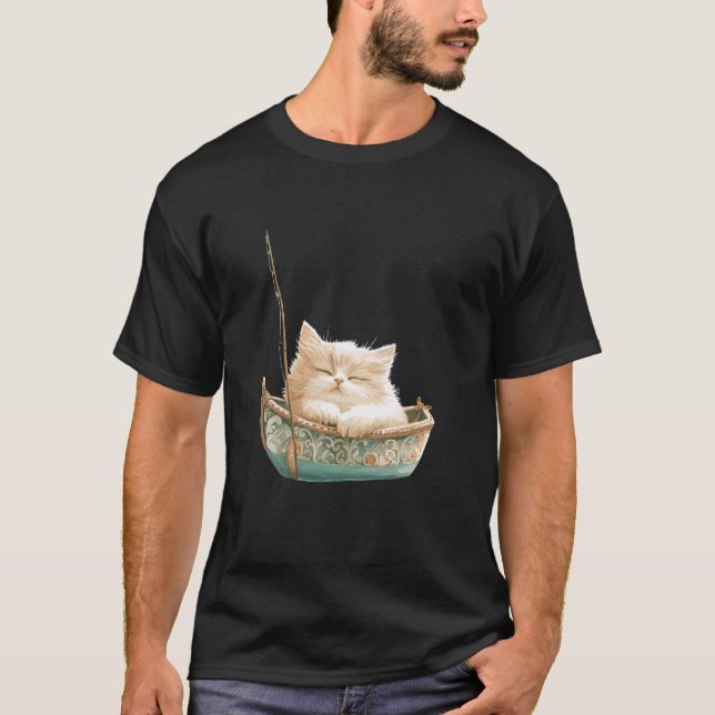 Relaxed Cat In Ornate Boat Animal Art T-Shirt (Front)