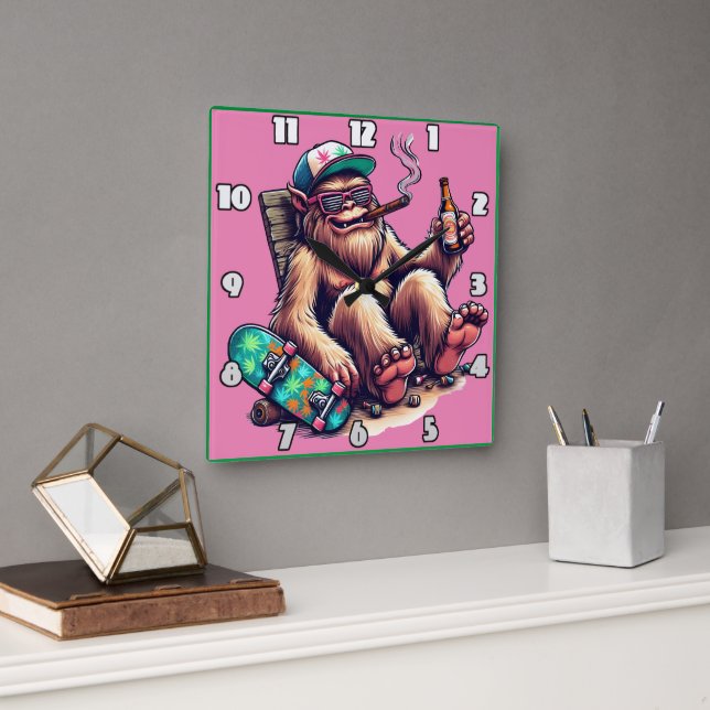 Relaxed creature enjoying a party on a skateboard square wall clock (Office)