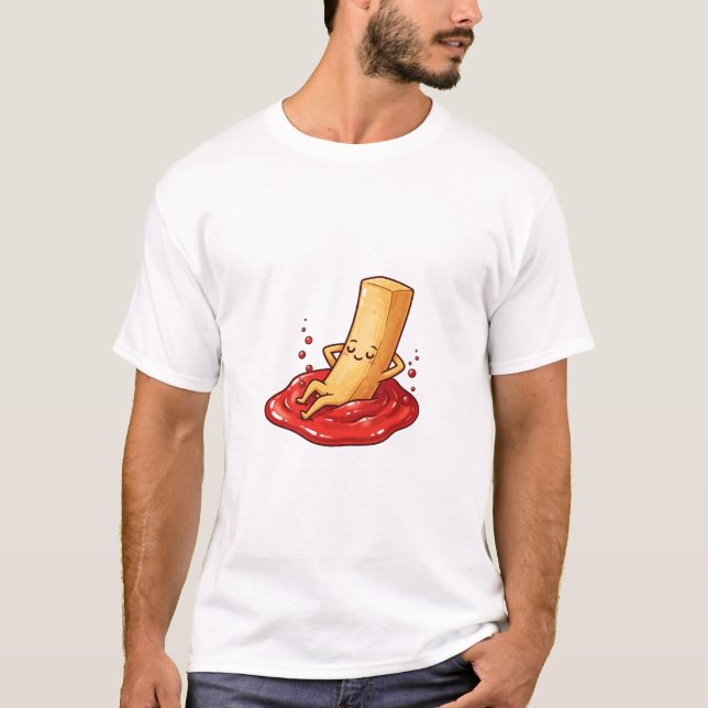 Relaxed French Fry Character Lounging in Ketchup T-Shirt (Front)