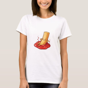 Relaxed French Fry Character Lounging in Ketchup T-Shirt