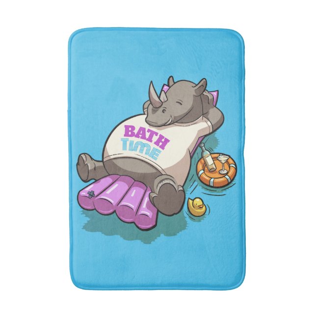 Relaxed Rhino Bath Time Funny Cartoon Character Bath Mat (Front Vertical)