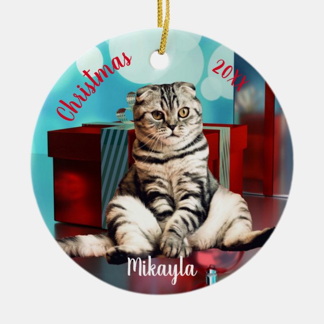 Relaxed Scottish Fold Cat Christmas     Ceramic Tree Decoration (Front)