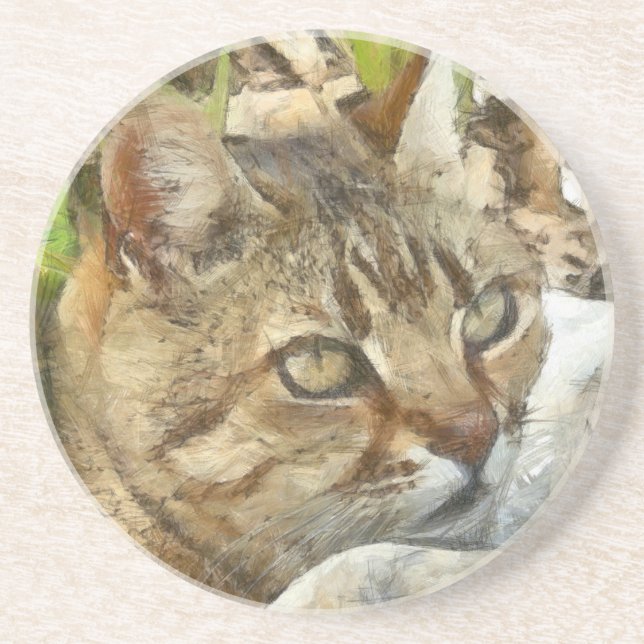 Relaxed Tabby Cat Resting In Garden Pencil Sketch Coaster (Front)