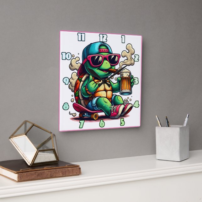 Relaxed turtle enjoying a backyard party vibe square wall clock (Office)