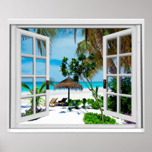 Relaxing Beach and Ocean Faux Window View Poster