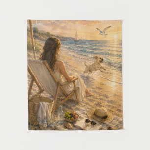 Relaxing Beach Day Dog Watercolor Art Tapestry