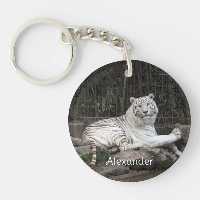 Relaxing Bengal White Tiger Photography Key Ring (Front)