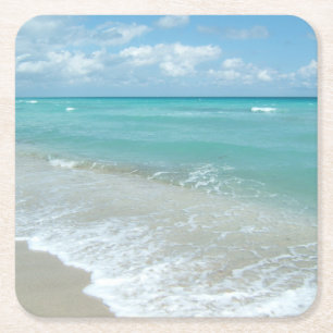 Relaxing Blue Beach Ocean Landscape Nature Scene Square Paper Coaster