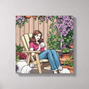 Relaxing Day   Women with Coffee, Cats and Plants Canvas Print