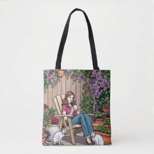 Relaxing Day Women with Coffee, Cats and Plants Tote Bag