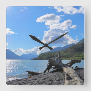 Relaxing Driftwood Shore Lake Kenai, Alaska Square Wall Clock