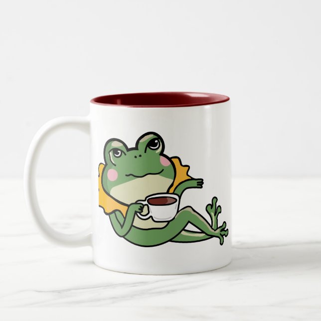 Relaxing Green Frog Tea Lover Shirt - Unique Desig Two-Tone Coffee Mug (Left)