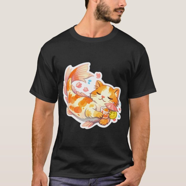 Relaxing Koi Cat Drinking Juice T-Shirt (Front)