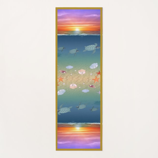 Relaxing ocean sunrise, turtles, stars & pearls yoga mat (Front)