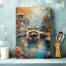 Relaxing Racoon Hot Spring Canvas Print