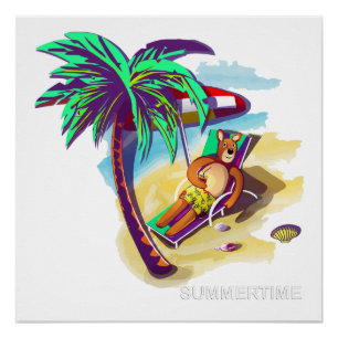 Relaxing Summer Bear on Tropical Beach Poster