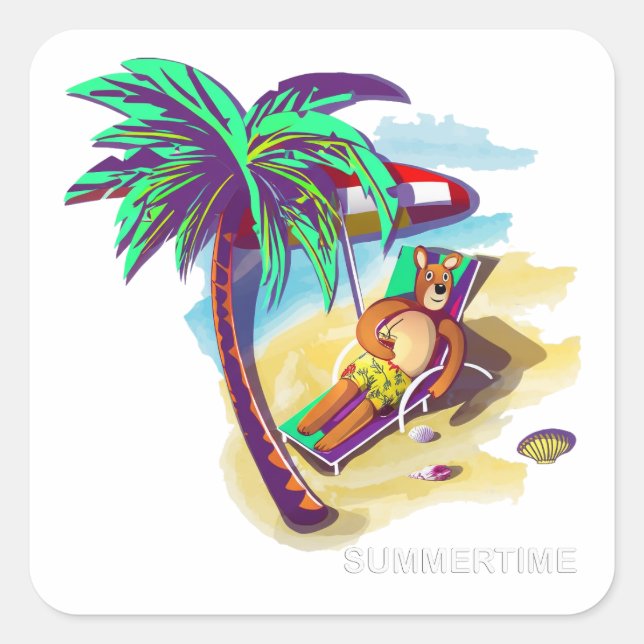 Relaxing Summer Bear on Tropical Beach Square Sticker (Front)