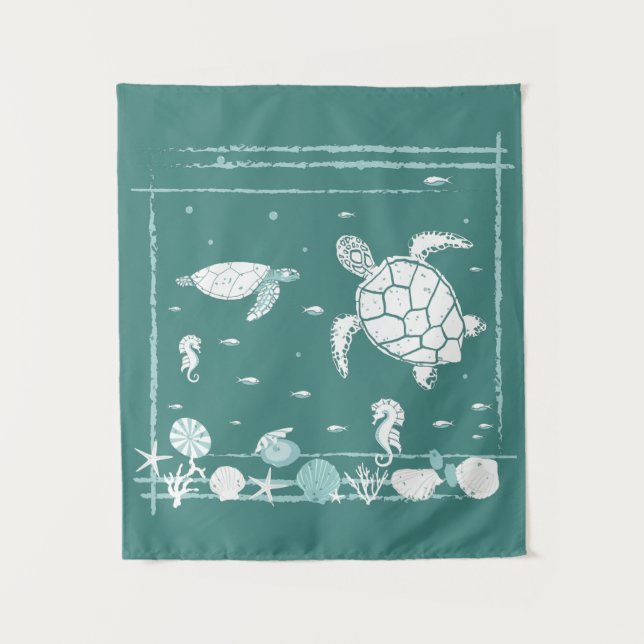 Relaxing Teal Blue Turtles Tapestry (Front)