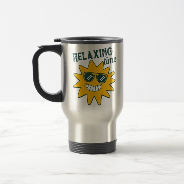 RELAXING time smiling sun with sunglasses Travel Mug (Left)