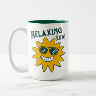 RELAXING time smiling sun with sunglasses Two-Tone Coffee Mug