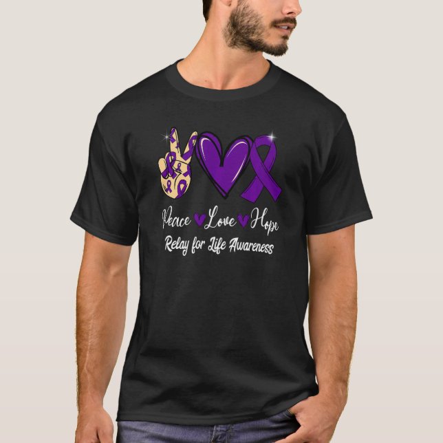Relay for Life Awareness Peace Love Hope Purple Ri T-Shirt (Front)