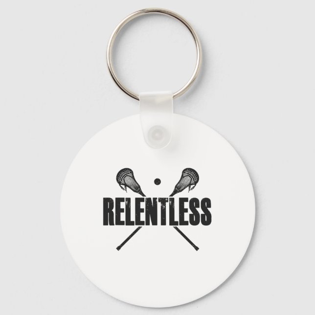 Relentless Lacrosse Player Quote Crossed Lax Stick Key Ring (Front)