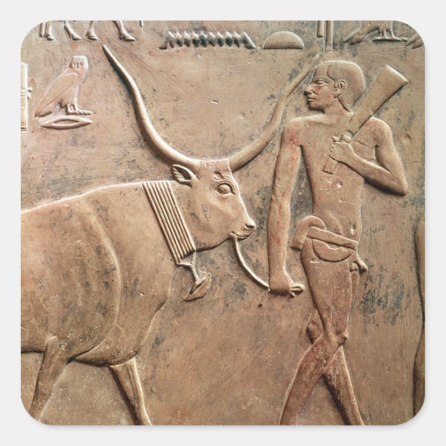 Relief depicting peasant leading cow to square sticker (Front)