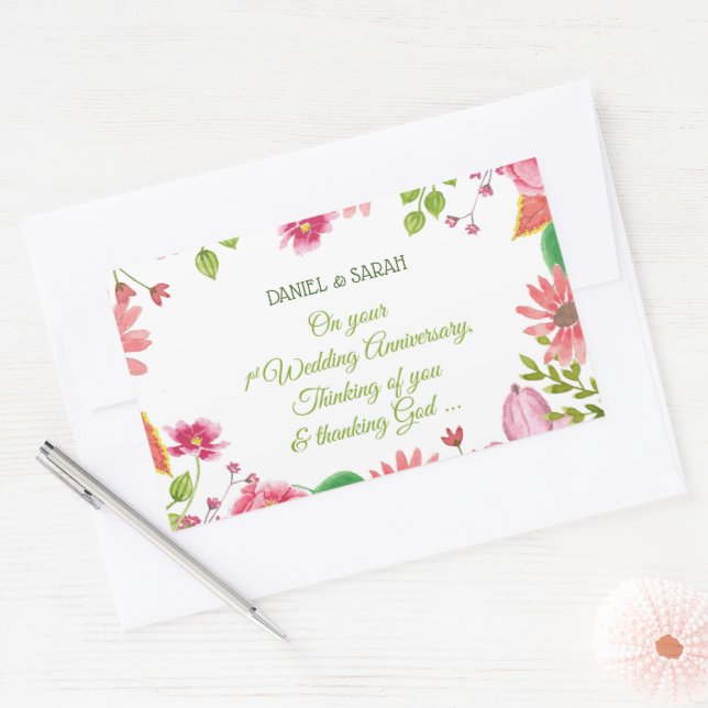 Religious 1st Wedding Anniversary Flowers Rectangular Sticker (Envelope)