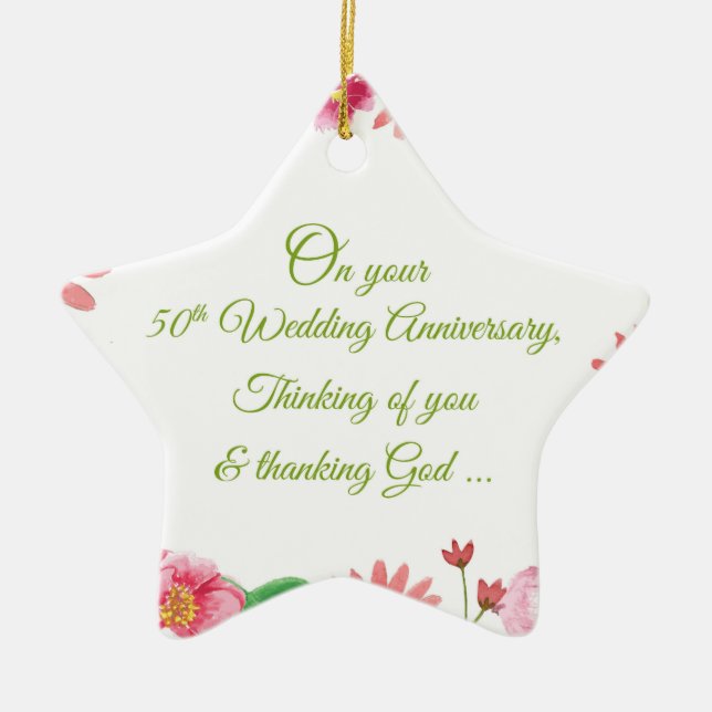 Religious 50th Wedding Anniversary Flowers Ceramic Tree Decoration (Front)