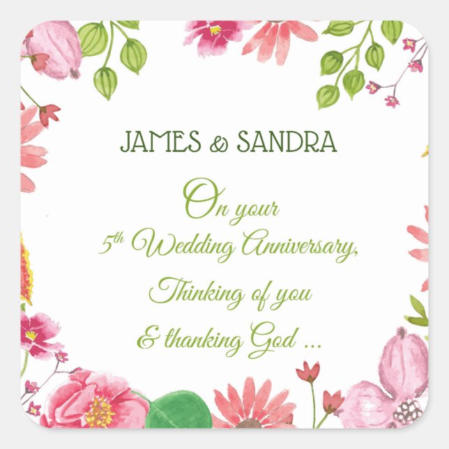 Religious 5th Wedding Anniversary Flowers Square Sticker (Front)