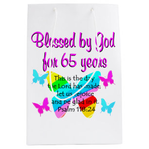 RELIGIOUS 65TH BIRTHDAY BUTTERFLY DESIGN MEDIUM GIFT BAG