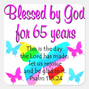 RELIGIOUS 65TH BIRTHDAY BUTTERFLY DESIGN SQUARE STICKER