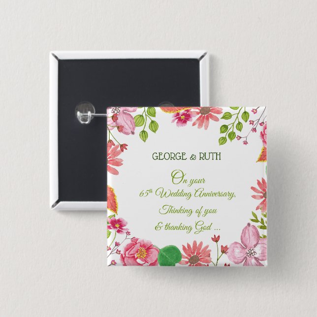 Religious 65th Wedding Anniversary Flowers 15 Cm Square Badge (Front & Back)