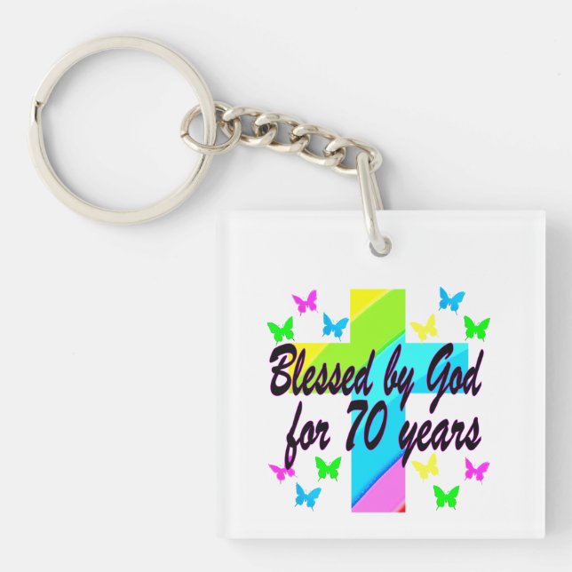 RELIGIOUS 70TH BIRTHDAY CROSS DESIGN KEY RING (Front)