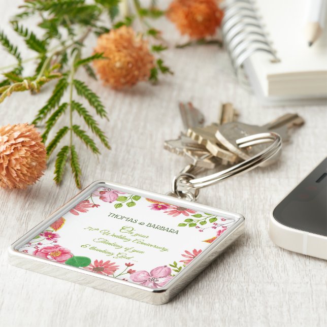 Religious 70th Wedding Anniversary Flowers Key Ring (Side)