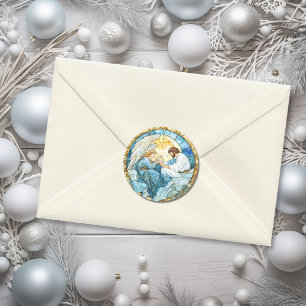 Religious Angel Stained Glass Holiday Blue Classic Round Sticker