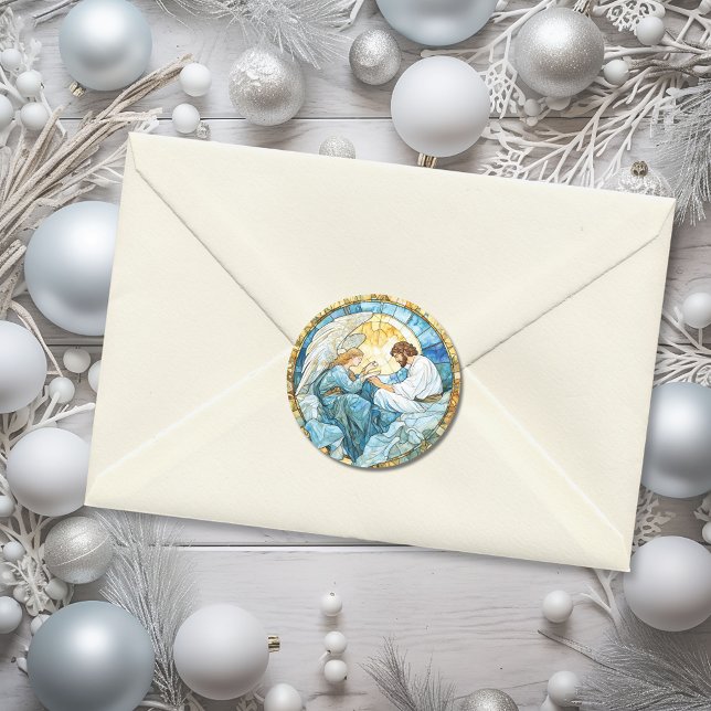 Religious Angel Stained Glass Holiday Blue Classic Round Sticker (Religious Angel Stained Glass Holiday Blue Classic Round Sticker)