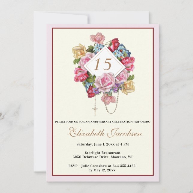 Religious Anniversary Rosary Catholic Floral  Invitation (Front)