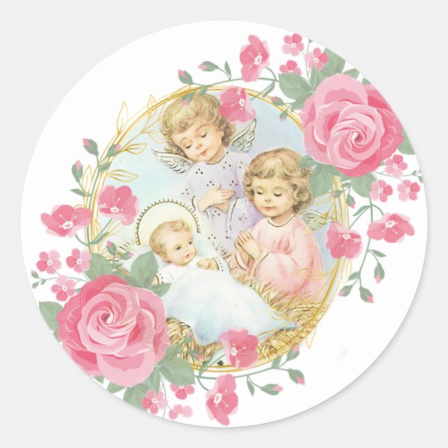Religious Baby Jesus Christmas Angels Pink Roses Classic Round Sticker (Front)