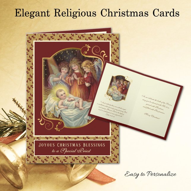Religious Baby Jesus Christmas Angels Priest Holiday Card (Traditional Christmas Religious Card with Jesus in Manger with Angels - Easy to personalize)