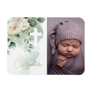 Religious Baptism Christening Photo Roses Cross Magnet