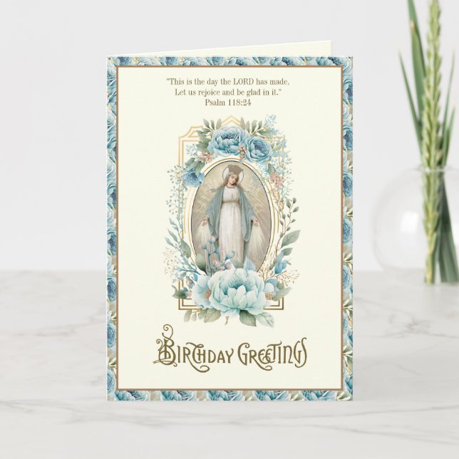 Religious Birthday Blue Floral Virgin Mary Note Card (Front)