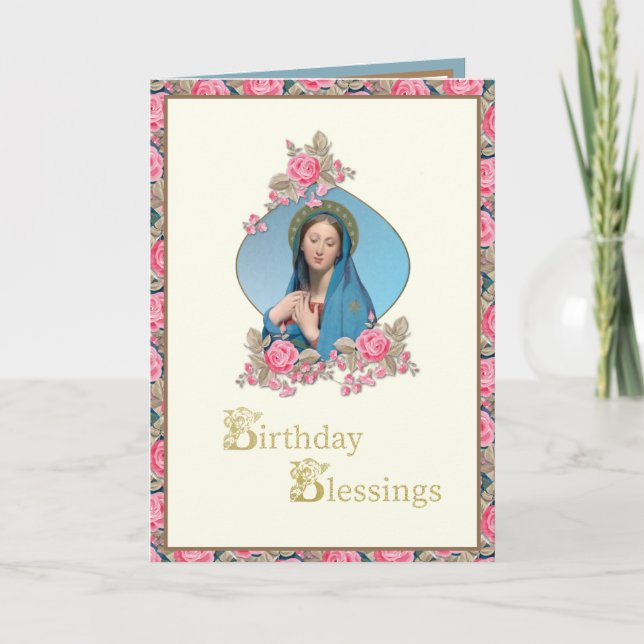 Religious Birthday Catholic Roses Virgin Mary Card (Front)