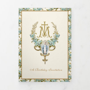 Religious Birthday Virgin Mary Blue Floral Tri-Fold Invitation