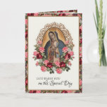 Religious Birthday Virgin Mary Guadalupe Roses Card<br><div class="desc">Featuring a beautiful traditional Catholic religious image of the the Blessed Virgin Mary,  Our Lady of Guadalupe with red and pink roses.     A scripture verse is on the inside with the customisable verse.  All text and fonts may be modified to suit the occasion and recipient.</div>